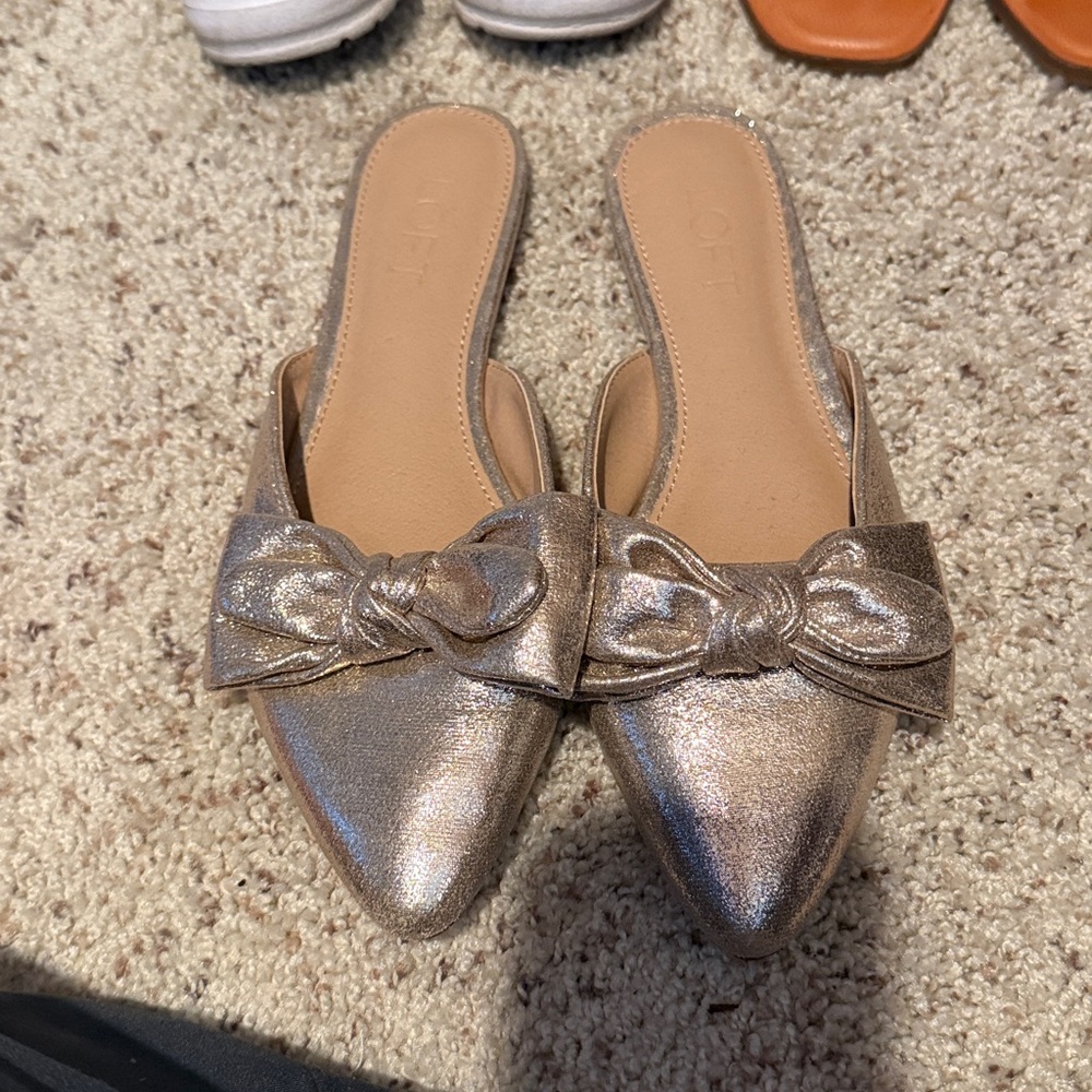 LOFT Gold Metallic Bow Slip On Mule Shoes